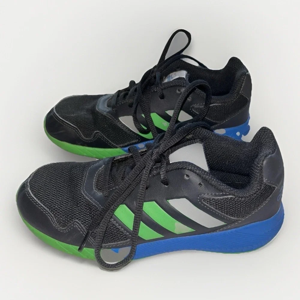Adidas AltaRun Kids Size 2 Black Green Blue Athletic‎ Running Shoes AH2420